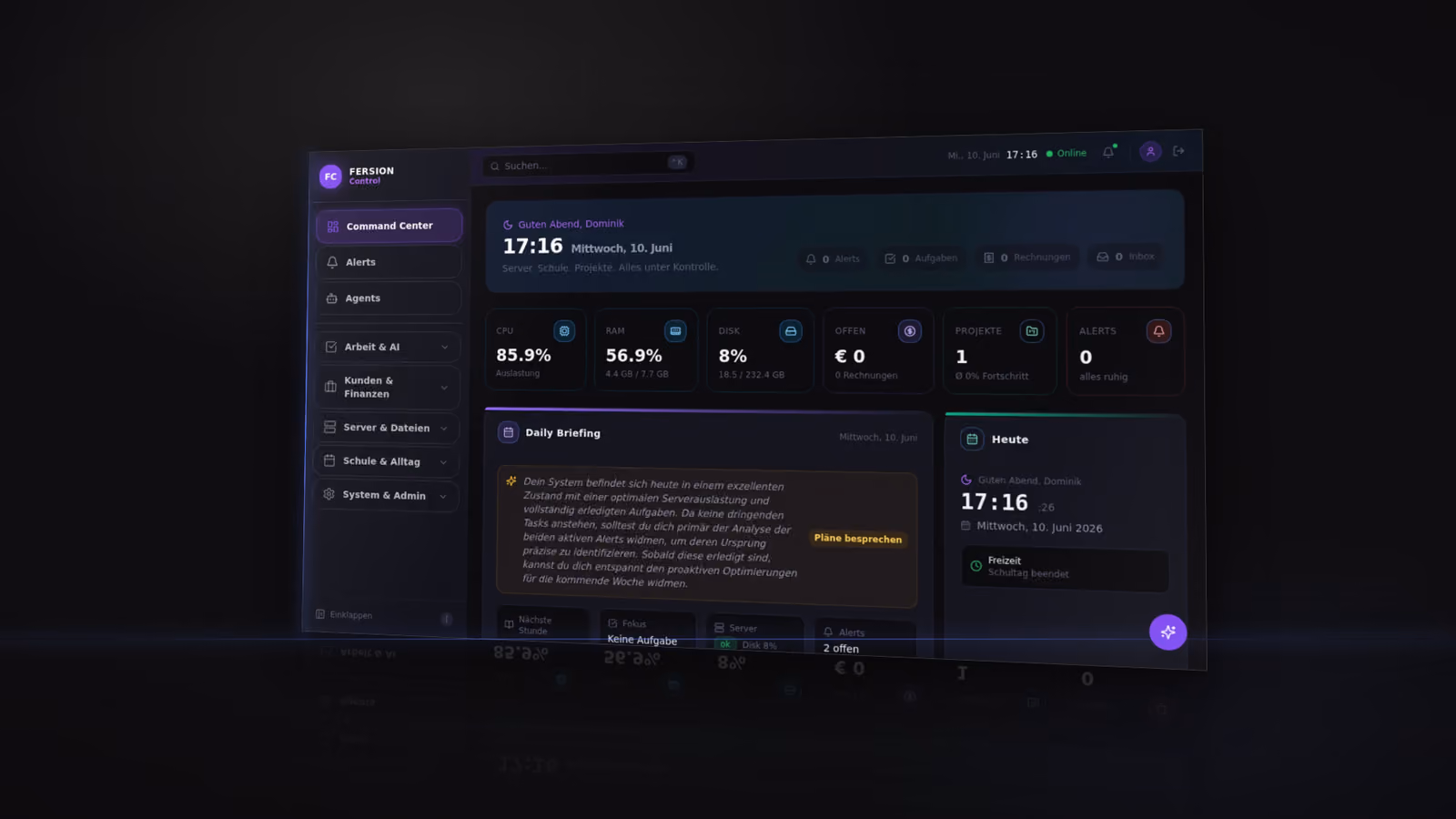 FERSION Control: das echte interne Dashboard mit Projekten, offenen Rechnungen und Aufgaben auf einer Glasfläche präsentiert