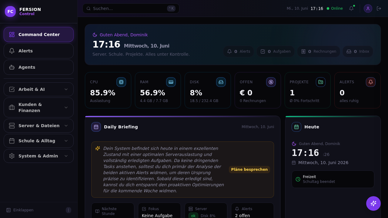 Screenshot des FERSION Dashboards mit Kunden, Projekten und Aufgaben